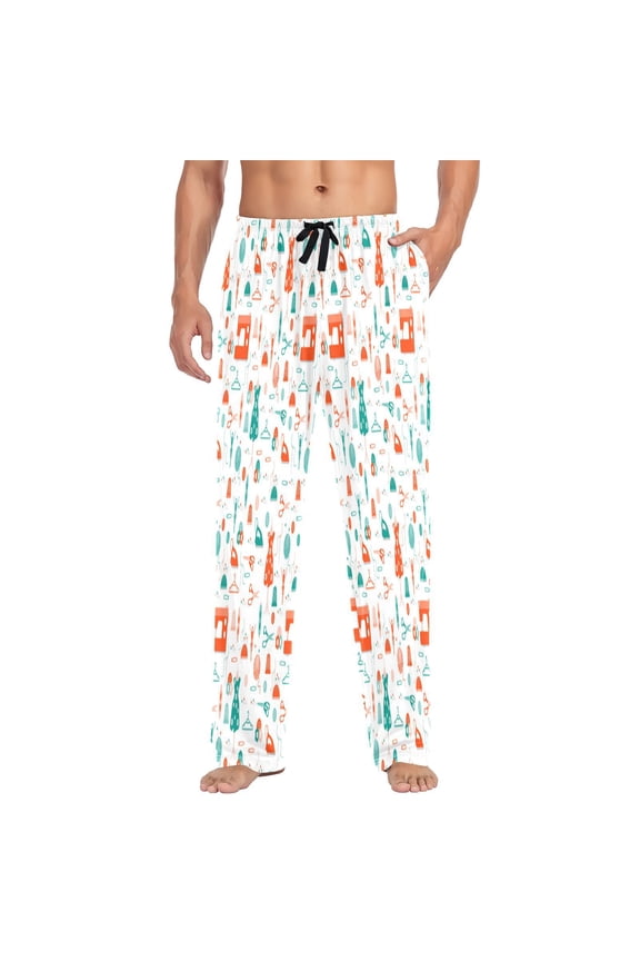 Sewing pattern teal orange white Men's ComfortSoft Cotton Printed Lounge Pants,Pockets, Drawstring/Elastic Waist