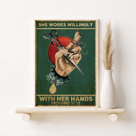 Sewist Wool Crochet Vintage Art, She Works Willingly With Her Hands Print, Sewing Wall Hanging, Sewing Lover Idea, Tailor Store Print Home Decor #3045, 8x12 UNFRAMED