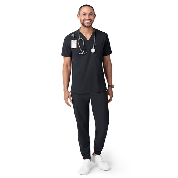 Sewkind Men’s Scrub Set, Black 2XL, V-Neck Medical Scrubs with Jogger Pants, 7 Pockets, Athletic Fit