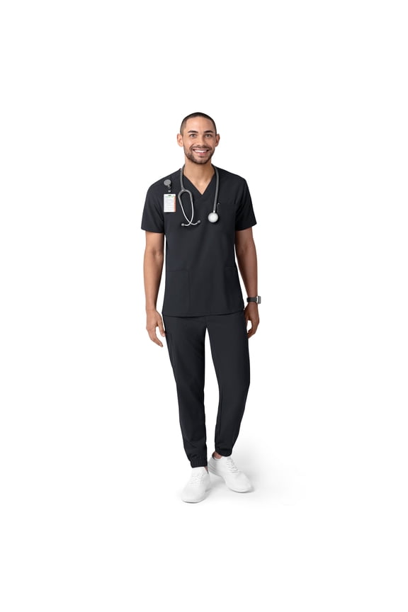 Men’s Scrub Set, Black 2XL, V-Neck Medical Scrubs with Jogger Pants, 7 Pockets, Athletic Fit
