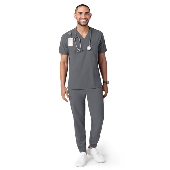 Sewkind Men’s Scrub Set Gray L V-Neck Scrub Top and Jogger Pants 7 Pockets 100% Polyester Athletic Fit