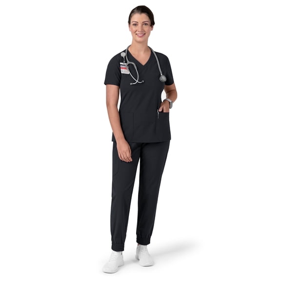 Sewkind Women’s Scrub Set Black 2XL V-Neck Scrub Top and Jogger Pants 6 Pockets 100% Polyester Modern Fit