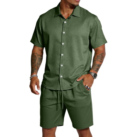 Sewkxo 2 Piece Outfits for Men Short Sleeves Lapel Button Down Shirts Drawstring Beach Shorts Summer Beach Casual Suits with Pockets,Army Green M