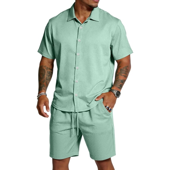 Sewkxo 2 Piece Set for Men Short Sleeves Lapel Button Up Shirts Drawstrings Beach Shorts Summer Beach Casual Suits with Pockets,Light Green L