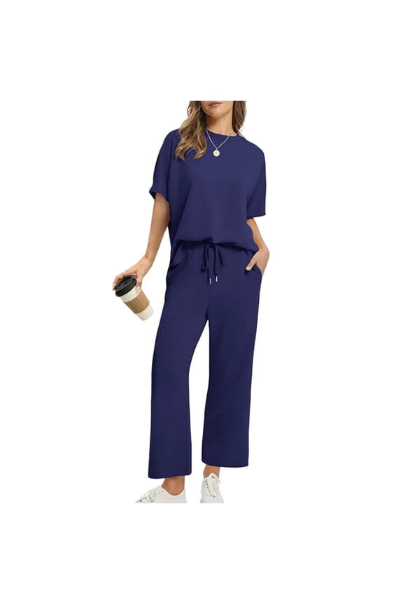 2 Piece Sets Women Fashion 2026 Crew Neck Short Sleeve Pullover Tops and Drawstring Lounge Pants Spring Summer Baggy Lounge Sets with Pockets,Dark Blue S