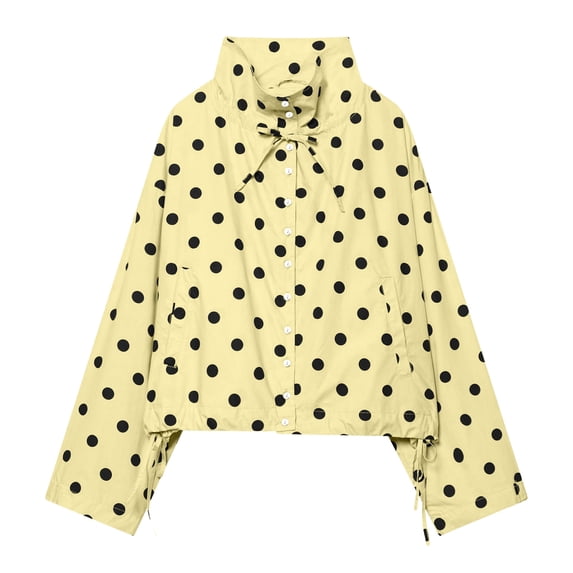 Sewkxo Colorful world Womens Polka Dot Jacket Drawstring Hem Button Front Cropped Lightweight Jacket Relaxed fit Coat with Pockets,Yellow L