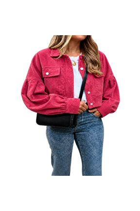 Corduroy Jacket Women Casual Cropped Jacket Y2k Button Down Long Sleeve Jackets Outerwear Trendy Fall Coat with Pocket,Red XL