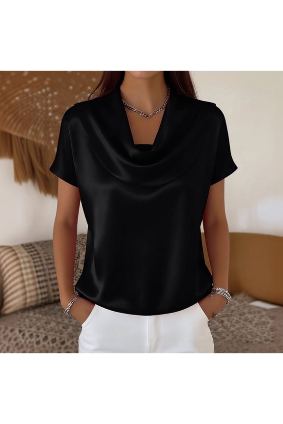 Cowl Neck Tops for Women Fashion 2026 Silk Satin Shirts Dressy Casual Short Sleeve Blouse Summer Cloth,Black XL