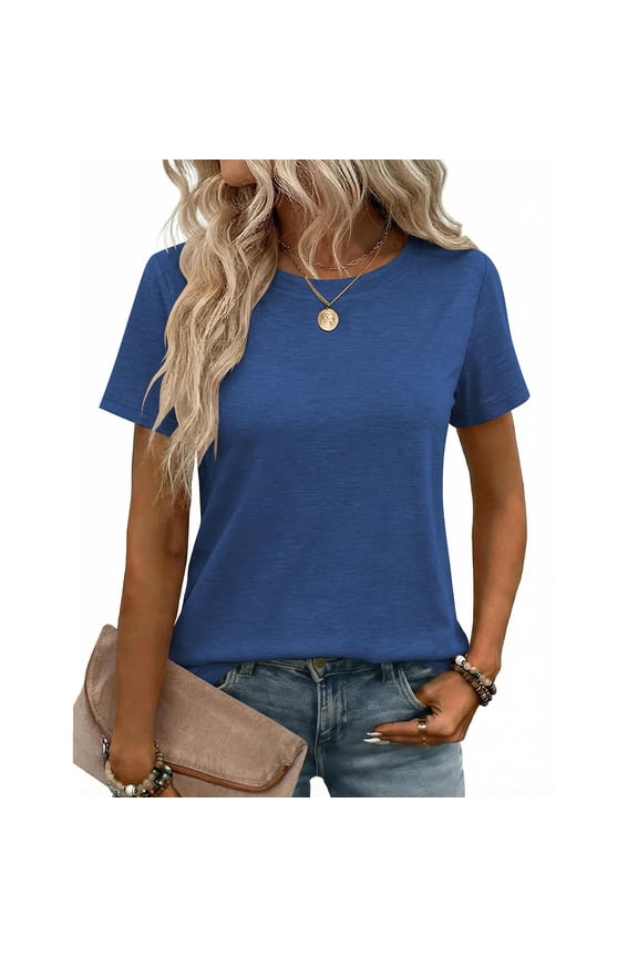 Crewneck T Shirts for Women Short Sleeve Casual Summer Tops Basic Solid Color Tees 2026 Loose Fitted Tee Shirt,Blue S