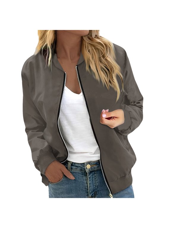 Fall Jackets for Women 2026 Trendy Zip Up Bomber Jacket Lightweight Outwear Coat Spring Windbreaker Jackets,Gray S