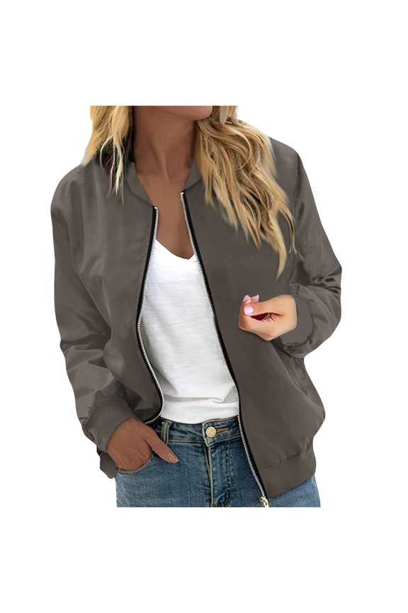 Fall Jackets for Women 2026 Trendy Zip Up Bomber Jacket Lightweight Outwear Coat Spring Windbreaker Jackets,Gray S