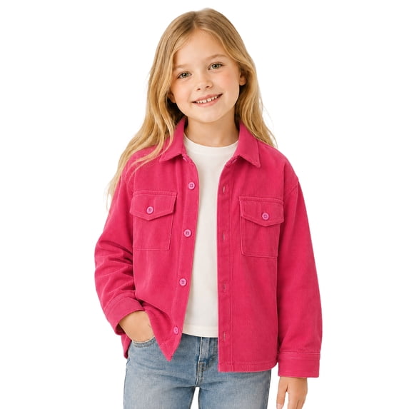 Sewkxo Girls Corduroy Long Sleeve Shirt Button Down Shacket Kids Collared Casual Jacket Solid Color Top with Pockets,Hot Pink 160