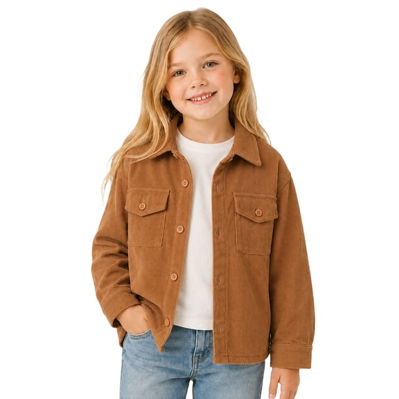 Sewkxo Girls Corduroy Long Sleeve Shirt Button Down Shacket Kids Collared Casual Jacket Solid Color Top with Pockets,Khaki 150