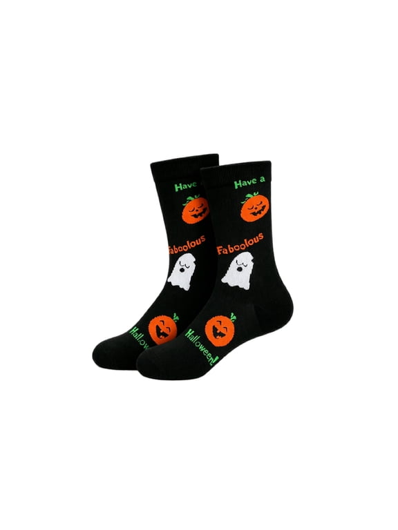 Halloween Fuzzy Sock for Women Ghost Design Socks Long Cotton Spooky Stocking Happy Halloween Gifts for Women Girls,Black One Size