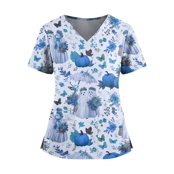 Sewkxo Halloween V Neck Nurse Scrub Tops Women Short Sleeve Star Moon Witch Print Loose Fit Multi Pocket Tunic,Blue L