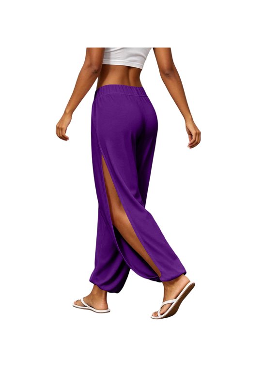Harem Pants for Women Double High Slit Leg Flowy Yoga Pant Pilates Dance Hippie Wrap Beach Cover-Up Pants,Purple S