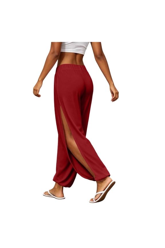 Harem Pants for Women Double High Slit Leg Flowy Yoga Pant Pilates Dance Hippie Wrap Beach Cover-Up Pants,Wine 2XL
