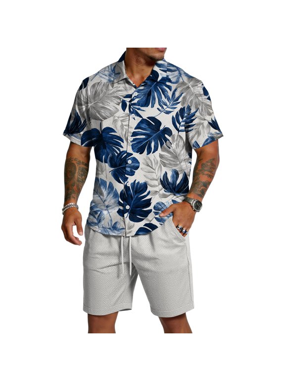 Hawaii Mens 2 Piece Outfits Short Sleeve Lapel Collared Button Down Hawaiian Shirts Drawstring Beach Shorts Tropical Beach Casual Sets with Pockets,Blue 3XL