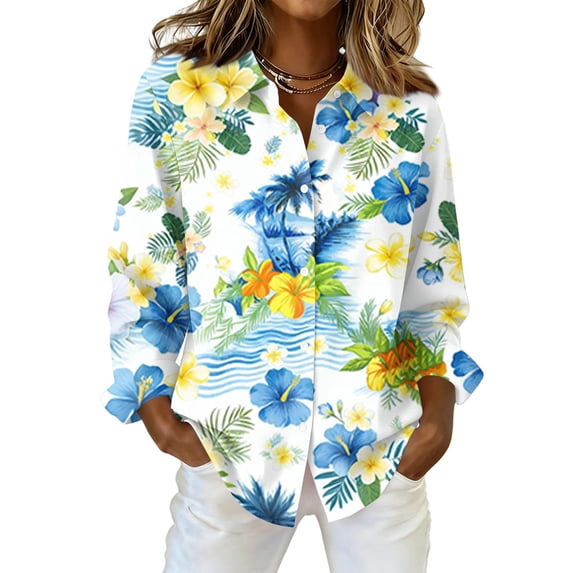Sewkxo Hawaii Shirt for Women‘s Floral Print Long Sleeve Lapel Collar Button Down Tropical Beach Blouse Big and Tall Loose Fit Party Holiday Tops,Sky Blue L