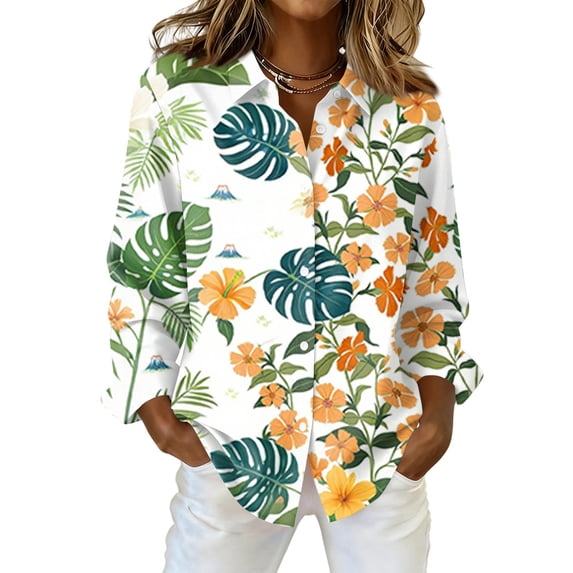 Sewkxo Hawaiian Shirts for Woman Floral Printed Long Sleeve Lapel Collared Buttons Tropical Beach Blouses Big and Tall Baggy Fit Party Holiday T Shirt,Orange XL
