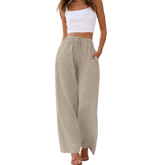 Sewkxo Linen Pants for Women Summer Drawstrings Wide Leg Pants High Waisted Casual Loose Palazzo Pants with Pockets,Khaki M