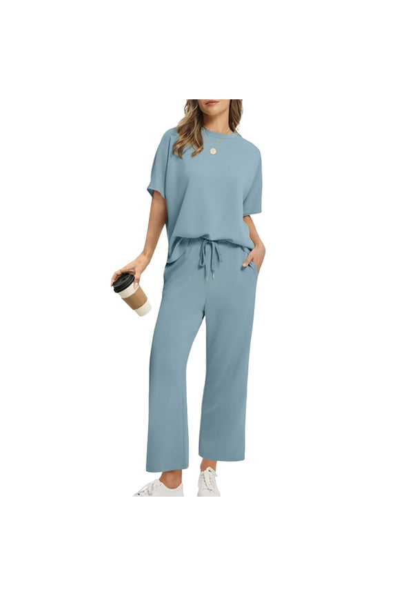 Lounge Set Women Sherpa Crewneck Short Sleeve Pullover Tops and Drawstring Lounge Trouser Spring Summer Baggy Lounge Sets with Pockets,Mint Green L