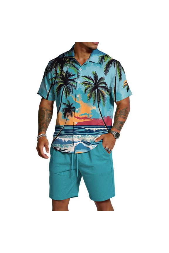 Men Hawaiian Matching Sets Short Sleeves Lapel Buttons Hawaiian Shirt Drawstrings Beach Shorts Tropical Beach Casual Sets with Pockets,Royal Blue 2XL