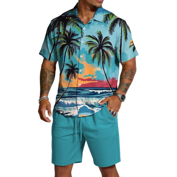 Sewkxo Men Hawaiian Two Piece Matching Sets Short Sleeves Lapel Collared Button Down Hawaiian Shirt Drawstring Beach Shorts Tropical Beach Casual Sets with Pockets,Royal Blue 2XL
