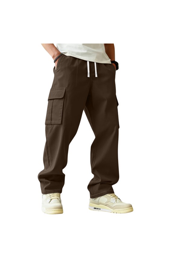 Men Lounge Cargo Pant Straight Leg Elastic Drawstrings Exercise Trousers Trendy Summer Casual Loose Fit Cargo Trousers with Pockets,Coffee S
