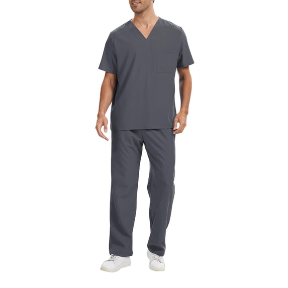 Sewkxo Men Scrubs Set - Stretch V-Neck Scrub Top & Jogger Pant with Pockets Yoga Waistband Anti-Wrinkle Scrubs for Men,Gray XL