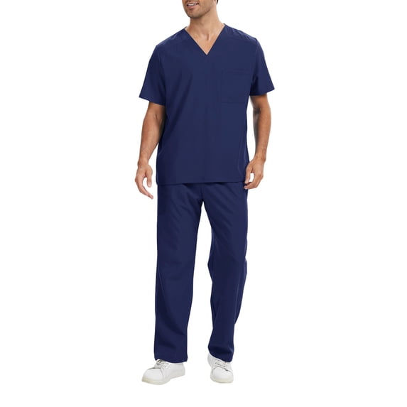 Sewkxo Men Scrubs Set - Stretch V-Neck Scrub Top & Jogger Pant with Pockets Yoga Waistband Anti-Wrinkle Scrubs for Men,Navy 2XL
