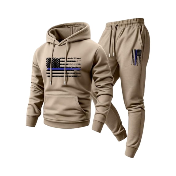 Sewkxo Men Track Suits 2 Piece Set Trendy Fleece American Flag Print Drawstring Hoodie and Sweatpants Fall Winter Hooded Solid Color Ribbed Pullover Set with Pocket,Khaki 3XL