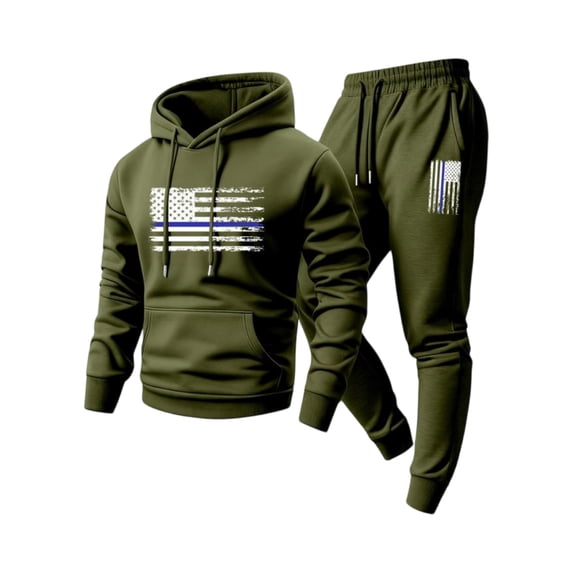 Sewkxo Men Tracksuit Set Fashion Fleece American Flag Print Drawstring Hoodie and Sweatpants Fall Winter Hooded Solid Color Ribbed Pullover Set with Pocket,Army Green 2XL