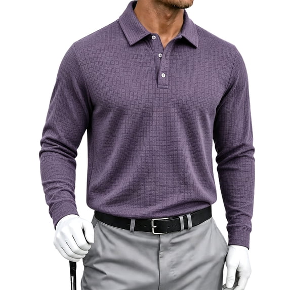 Sewkxo Men’s Casual Polo Shirt Long Sleeve waffle Button Collared Polo Knit Stretchy Golf Pullover Sweaters,Purple L
