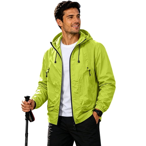 Sewkxo Men's Cycling Rain Jackets Waterproof Running Bike Windbreaker Lightweight Packable Hooded Jacket,Fluorescent Green XL