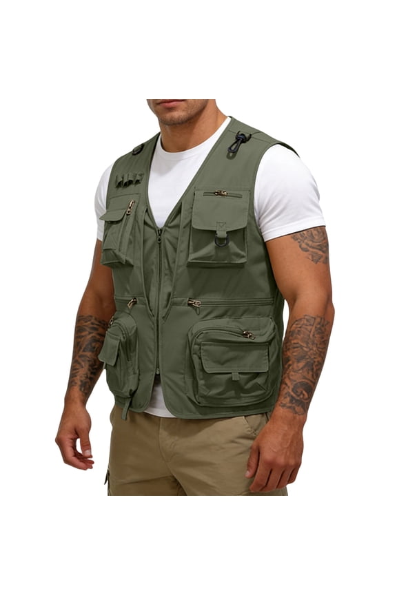 Men's Fishing Vest Utility Travel Vest Outdoor Work Photo Cargo Fly Summer Vest with Pockets,Army Green 2XL
