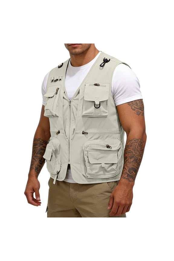 Men's Fishing Vest Utility Travel Vest Outdoor Work Photo Cargo Fly Summer Vest with Pockets,Beige S