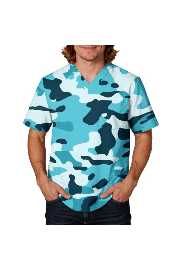 Men's Fit Camo Scrub Tops Plus Size V-Neck Short Sleeve Funny Medical Workwear with 3 Pocket,Blue 4XL