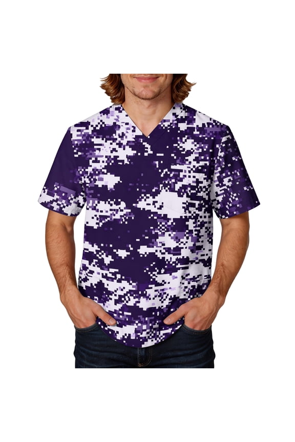 Men's Fit Camo Scrub Tops Plus Size V-Neck Short Sleeve Funny Medical Workwear with 3 Pocket,Purple 3XL