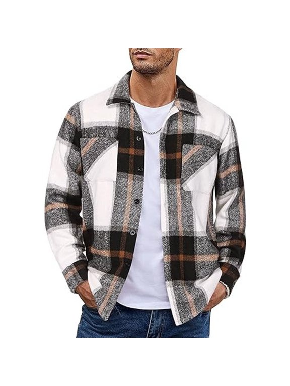 Men's Flannel Shirts Casual Button Down Plaid Shirt Jacket Long Sleeve Fleece Shacket with Pockets,Gray L