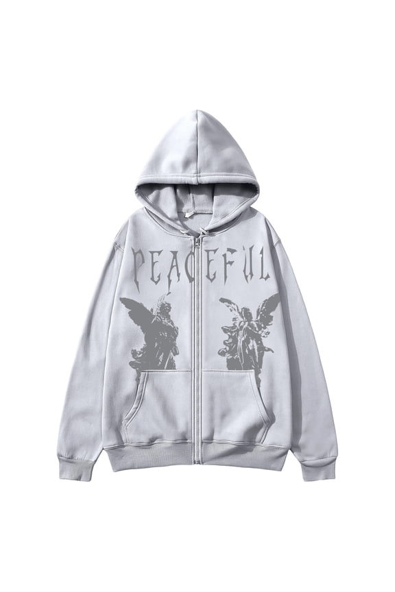 Men's Graphic Zip Up Hoodies Streetwear Jacket Letter Print Long Sleeve Sweatshirt with Pocket,Light Gray M