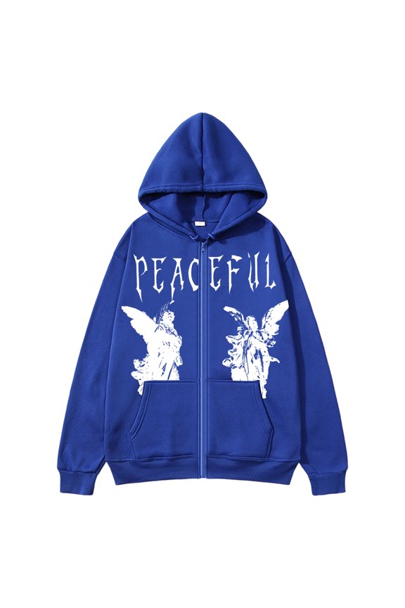 Men's Graphic Zip Up Hoodies Streetwear Jacket Letter Print Long Sleeve Sweatshirt with Pocket,Royal Blue L