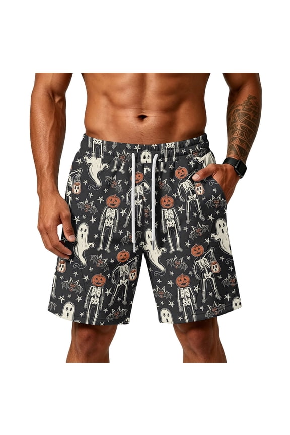 Men's Halloween Haunted House Print Pajama Shorts Relax Fit Nightwear Halloween Casual Costume Shorts,White 3XL