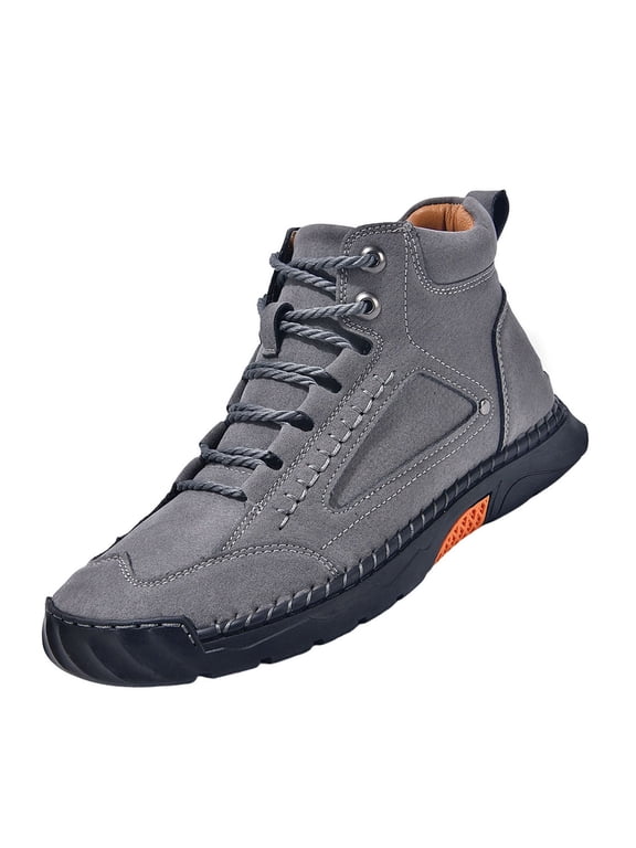 Men's Handmade Faux Leather Boots Mid Top Lace-Up Casual Sneaker Boots Non-Slip Rubber Outsole for Walking & Driving,Light Gray 47
