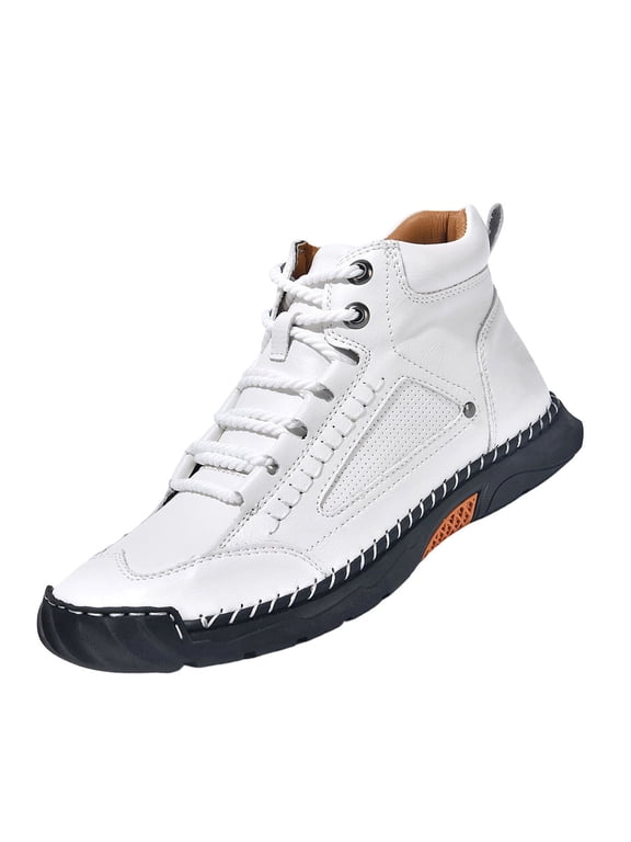 Men's Handmade Faux Leather Boots Mid Top Lace-Up Casual Sneaker Boots Non-Slip Rubber Outsole for Walking & Driving,White 46