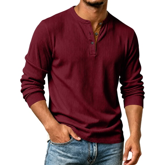 Sewkxo Men's Henley Shirts Corduroy Long Sleeve Button T-Shirt Casual Lightweight Pullover Shirt,Wine XL