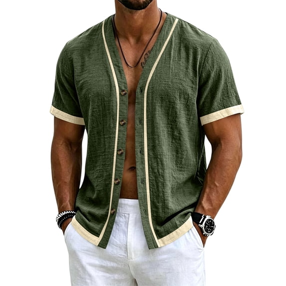 Sewkxo Men's Linen Shirts Short Sleeve Casual Shirts Button Down Shirt for Men Beach Summer Shirt,Army Green M