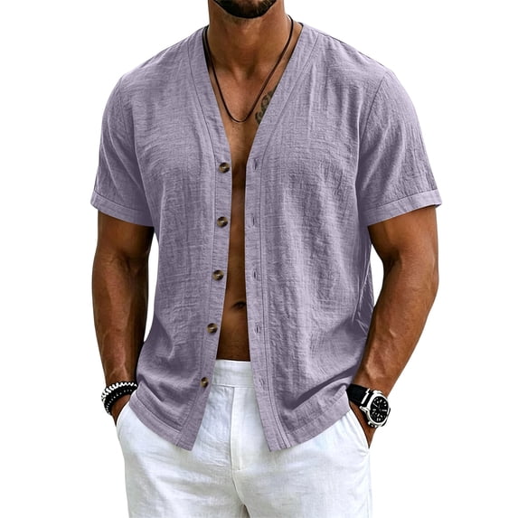 Sewkxo Men's Linen Shirts Short Sleeve Casual Shirts Button Down Shirt for Men Beach Summer Shirt,Light Purple M