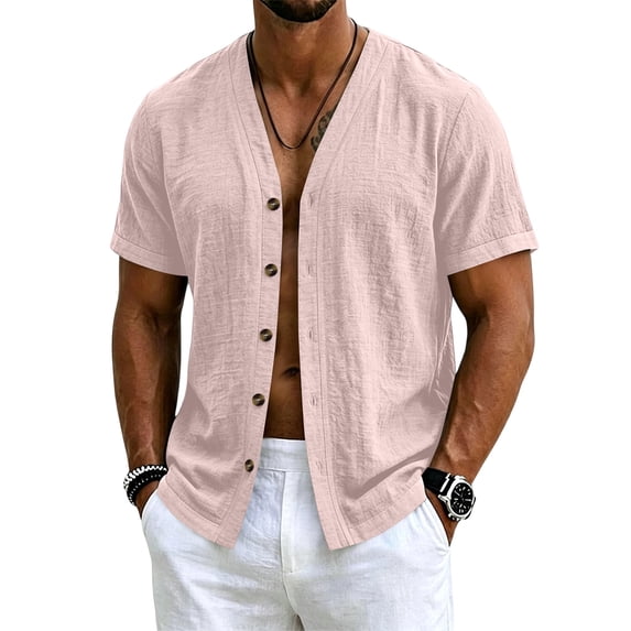Sewkxo Men's Linen Shirts Short Sleeve Casual Shirts Button Down Shirt for Men Beach Summer Shirt,Pink M