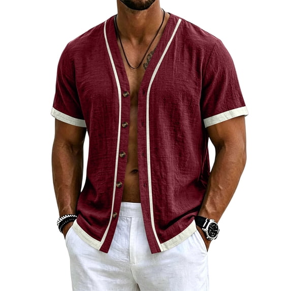 Sewkxo Men's Linen Shirts Short Sleeve Casual Shirts Button Down Shirt for Men Beach Summer Shirt,Wine M
